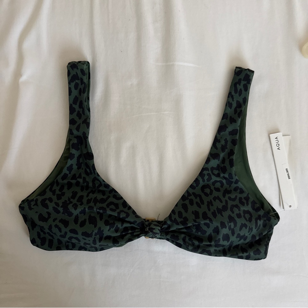 AQUA Lounge bloomingdales exclusive Green Leopard Print Knot Bikini Top size M